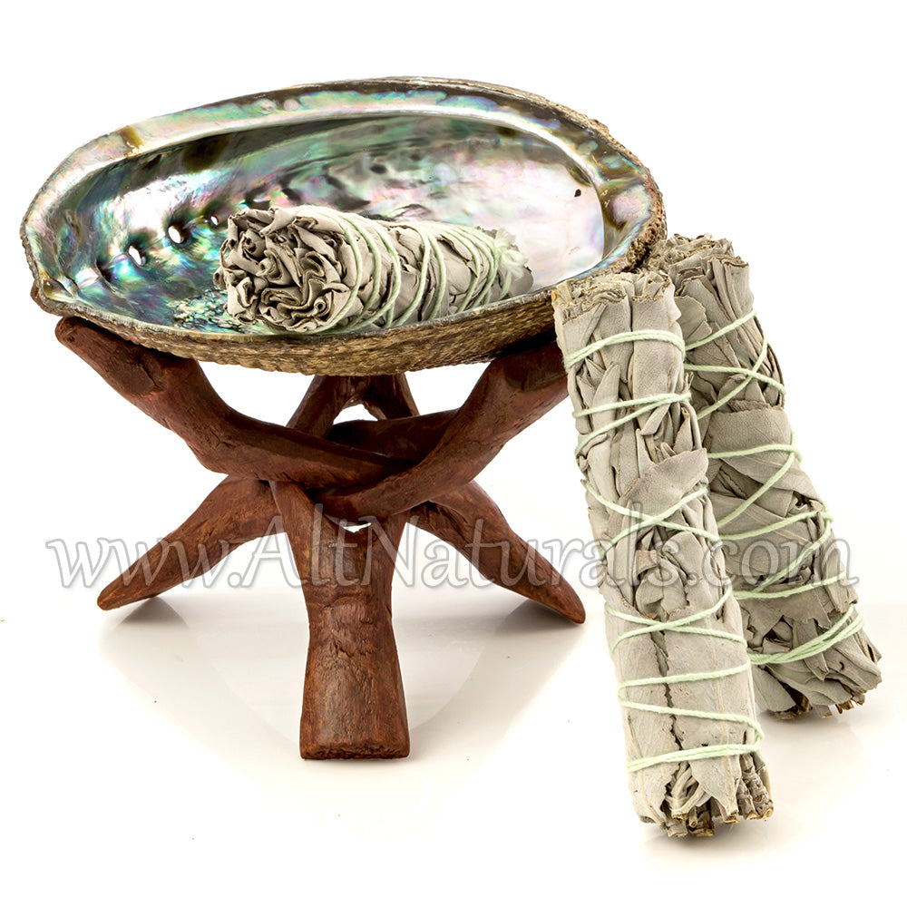 Abalone Shell with Stained Wooden Tripod Stand and 3 California White Sage Smudge Sticks