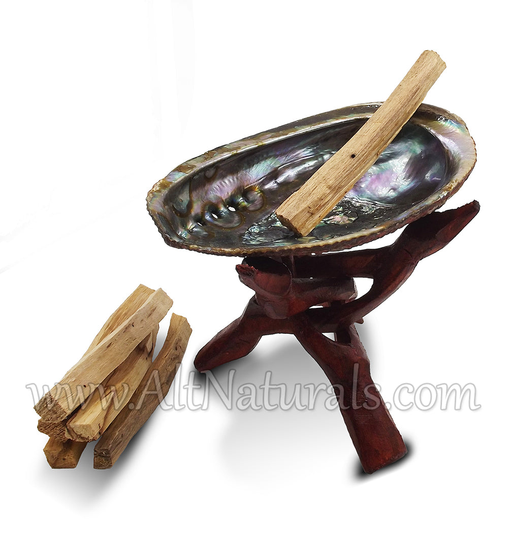 Abalone Shell with Stained Wooden Tripod Stand and 6 Palo Santo Sticks